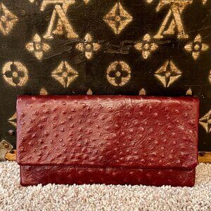 Etui Burgundy Ostrich Embossed Leather Clutch Crossbody Bag, NEW